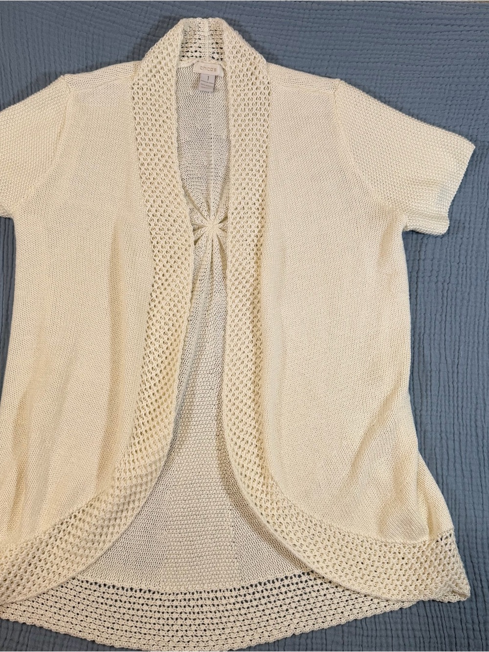 Chico's Cream Short-Sleeve Open Front Knit Cardigan